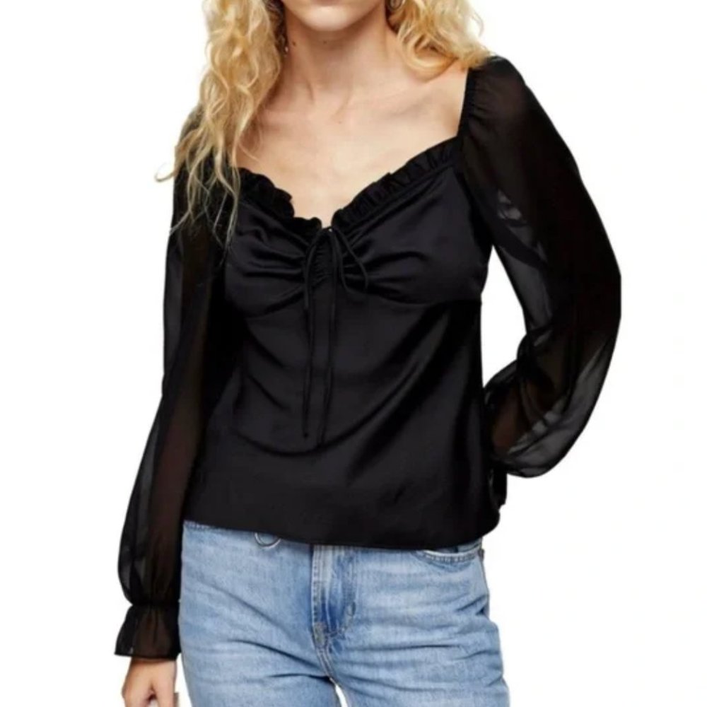 NWT: Top Shop Chiffon Sleeve Palermo Blouse in Black
